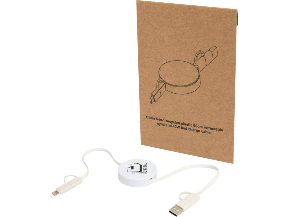 Câble rétractable 5 en 1 Citala en plastique recyclé de 90 cm pour la synchronisation des données et la charge rapide de 40 W 1