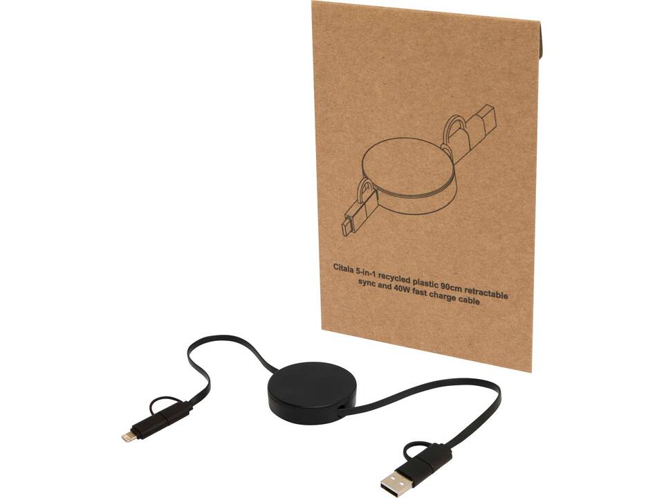 Câble rétractable 5 en 1 Citala en plastique recyclé de 90 cm pour la synchronisation des données et la charge rapide de 40 W 8