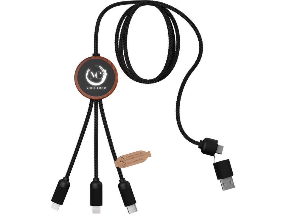 Câble de charge 3-en-1 SCX.design C37 en rPET avec logo lumineux et boîtier rond en bois 3