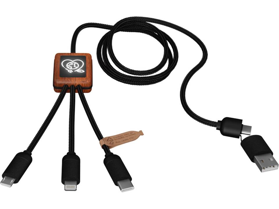 Câble de charge 3-en-1 SCX.design C38 en rPET avec logo lumineux et boîtier carré en bois 15