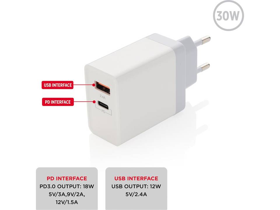 30W Chargeur mural avec double sortie Power Delivery 3