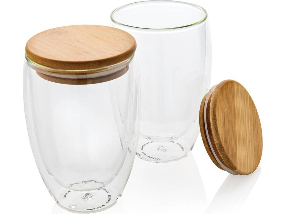 Dubbelwandig borosilicaatglas met bamboe deksel 350ml set