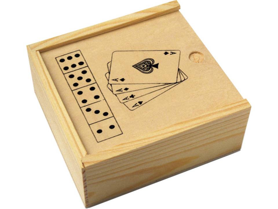 Houten doos met kaart- en dobbelspel