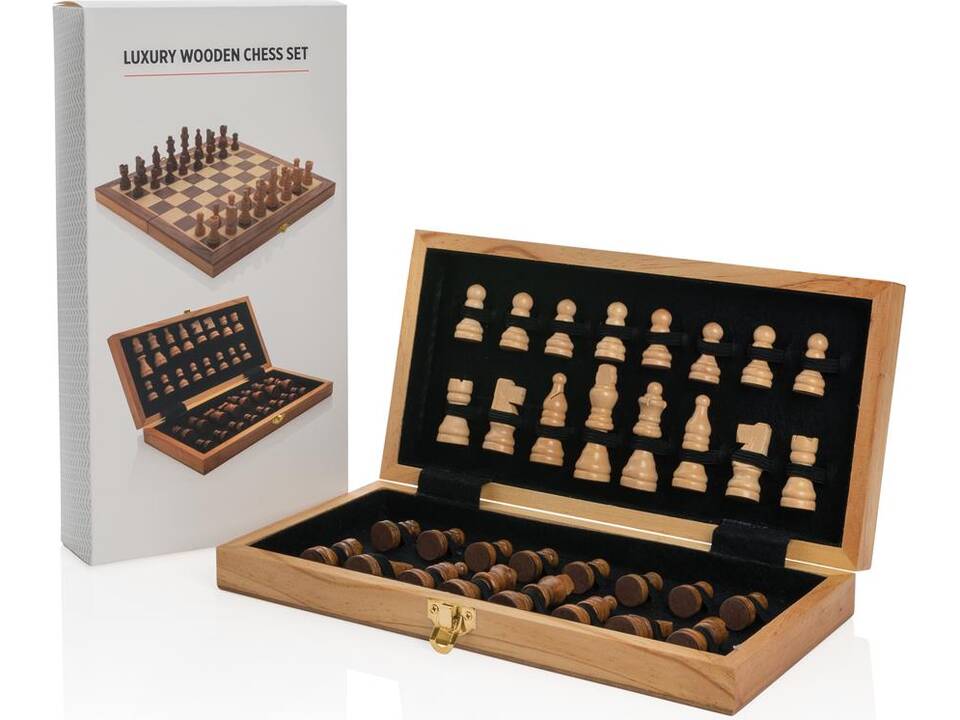 Luxe houten opvouwbare schaakset met logo