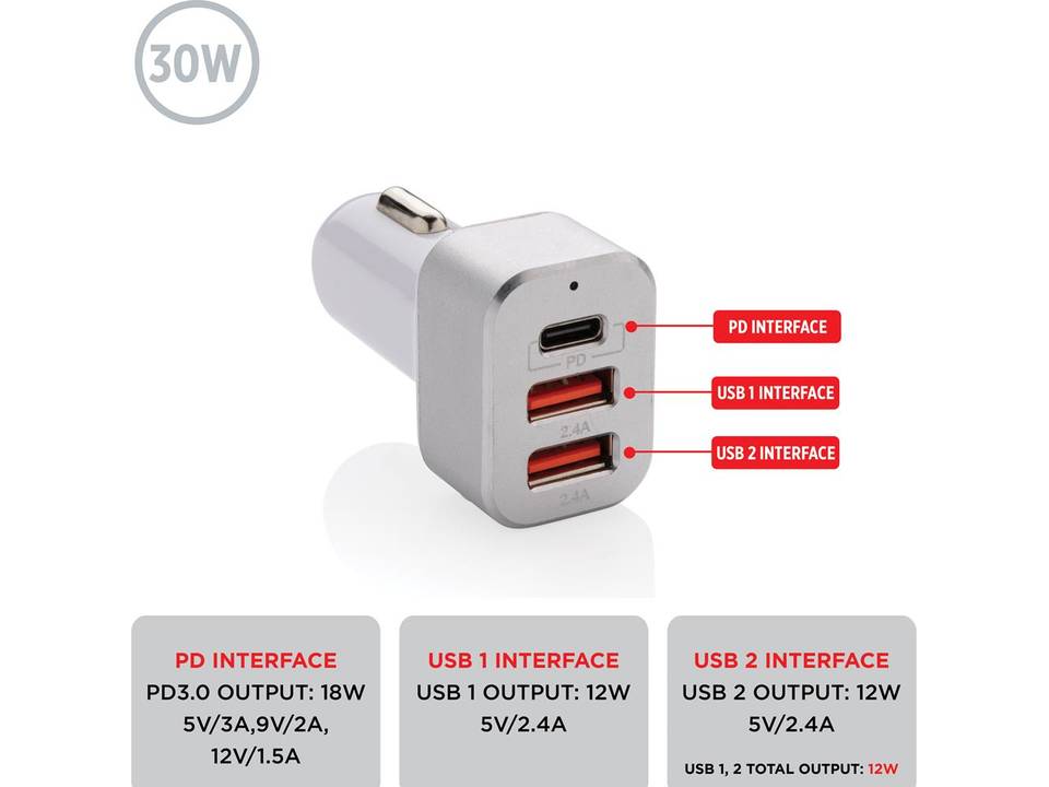 30W Chargeur voiture rapide triple sortie 5
