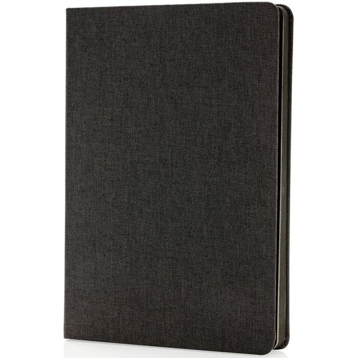 Deluxe stoffen notitieboek met zwarte zijkant bedrukken