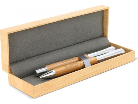 Ensemble stylo à bille et roller en métal bambou dans une boîte cadeau