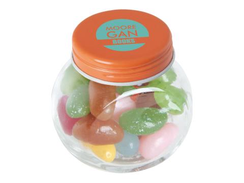 Klein glazen potje gevuld met jelly beans