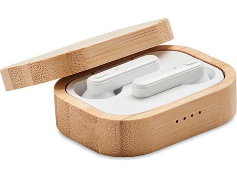 TWS earbuds in bamboo case