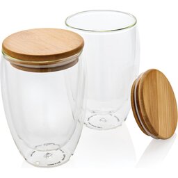 Dubbelwandig borosilicaatglas met bamboe deksel 350ml set