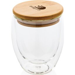 Dubbelwandige borosilicaat glas met bamboe deksel 250ml-gravure
