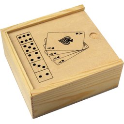 Houten doos met kaart- en dobbelspel
