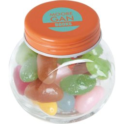 Klein glazen potje gevuld met jelly beans