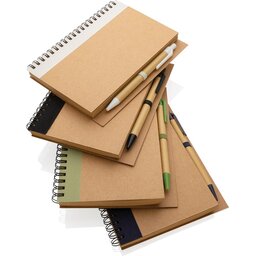 Kraft spiraal notitieboekje met pen-assortiment