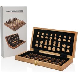 Luxe houten opvouwbare schaakset met logo