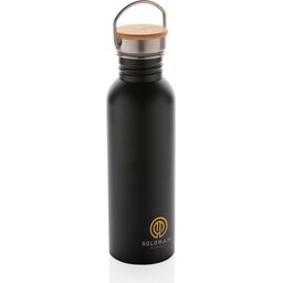 Moderne roestvrijstalen fles met bamboe deksel-zwart gepersonaliseerd