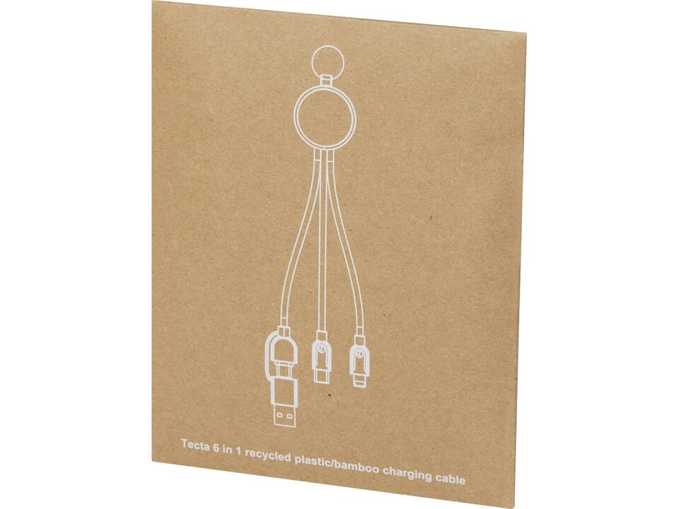 Tecta 6-in-1 oplaadkabel van gerecycled plastic en bamboe met sleutelhanger 1
