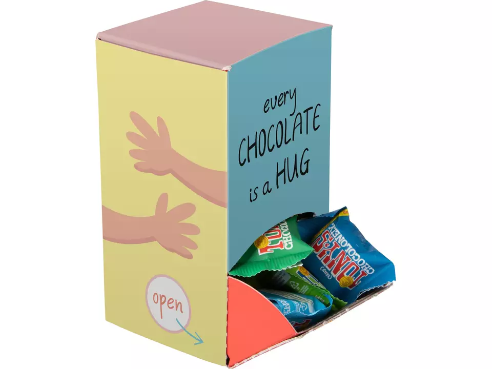 Display box gevuld met Tiny Tony's Chocolonely bedrukken