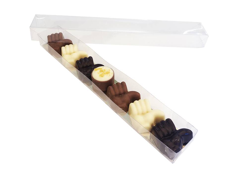 Doosje met 6 Like chocolade duimpjes en 1 handgemaakte mini bonbon 