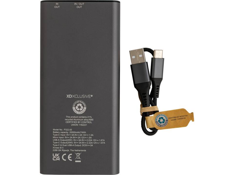 Terra RCS gerecyclede 20W aluminium powerbank 20.000 mAh 5