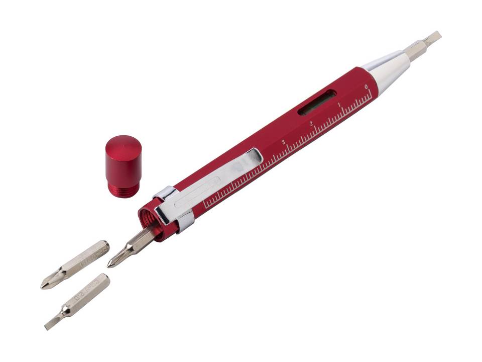 Schroevendraaier met bitjes, waterpas en liniaal