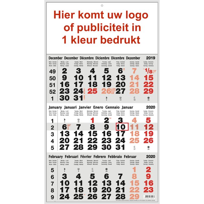 3-maandkalender 1 kleur bedrukt