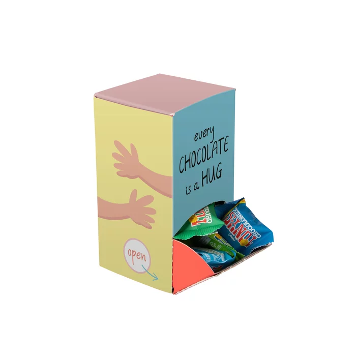 Display box gevuld met Tiny Tony's Chocolonely bedrukken