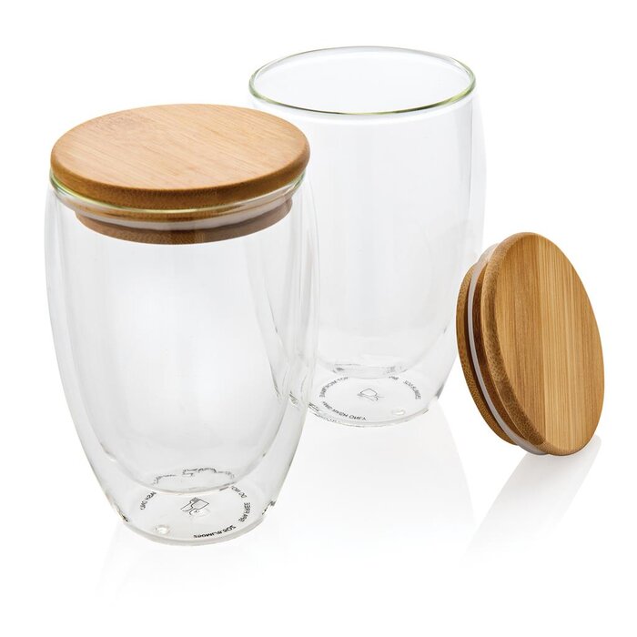 Dubbelwandig borosilicaatglas met bamboe deksel 350ml set