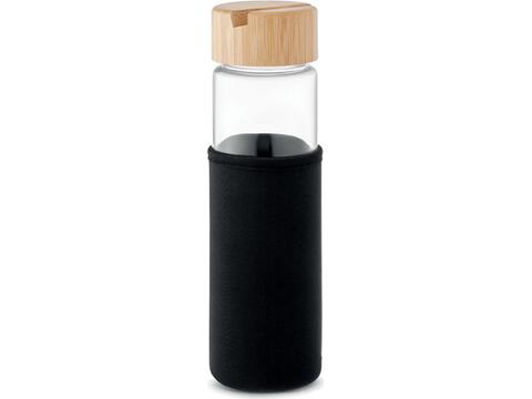 Glazen fles met pouch en bamboe dop 600 ml